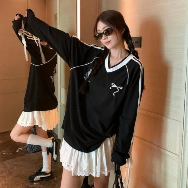 Spring Autumn V-neck Loose Casual Patchwork Pullover Top Women Long Sleeve Lace Up All-match T-shirt Tee