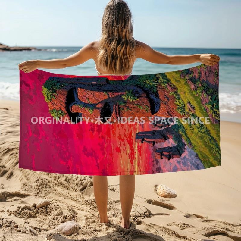 Moai Statue Tropical Sunset Beach Towel Patterned Sunscreen And Windproof Suitable For Swimming Pool Camping Travel