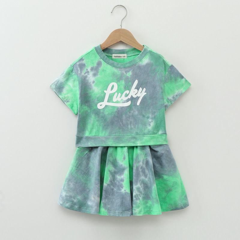 Girls' Tie Dye Suits Summer Korean Version Big Children Little Girls Short-sleeved Skirts Shorts Two-piece Trend
