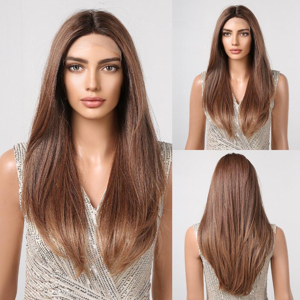 

ALAN EATON Brown Layered Straight Lace Front Wigs Middle Part Natural Hairline Lace Wig for Women High Density Women Daily Hair