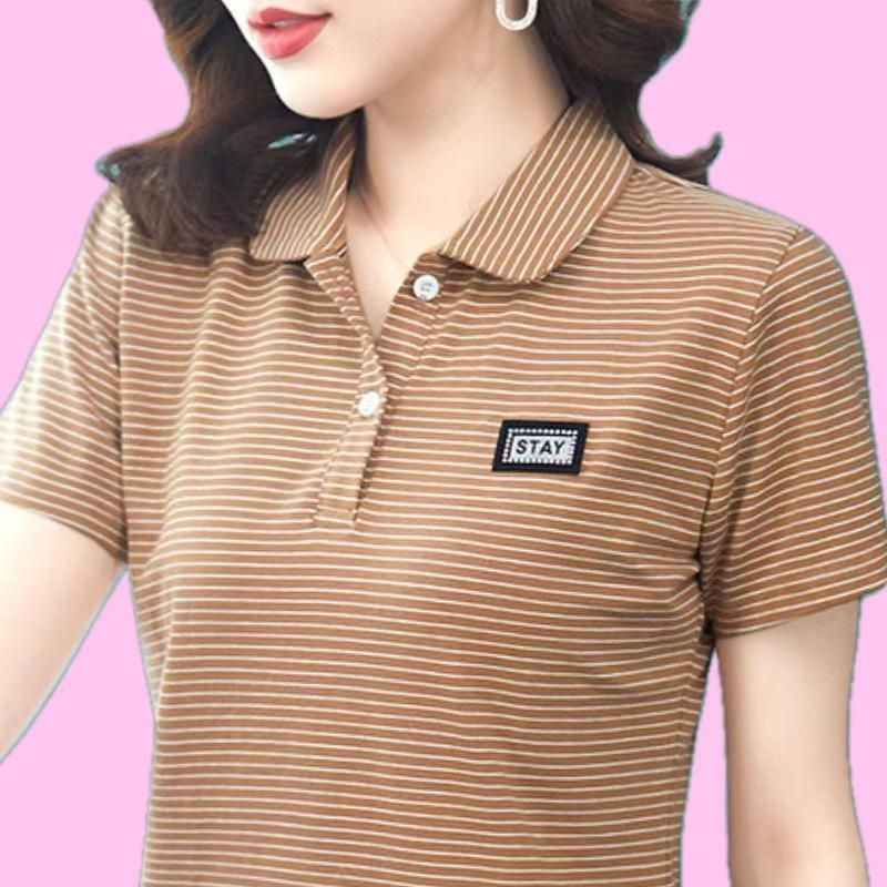 Lapel Polo Shirt New Summer Striped Short-sleeved T-shirt Women's Large Size Loose Casual Sports Top