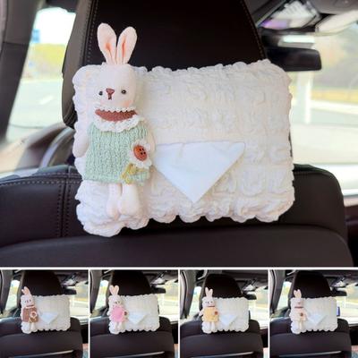 Cute Car Tissue Box Holder Soft Plush Rabbit Hanging Paper Dispenser Universal Auto Seat Back Organizer for Home Car Office