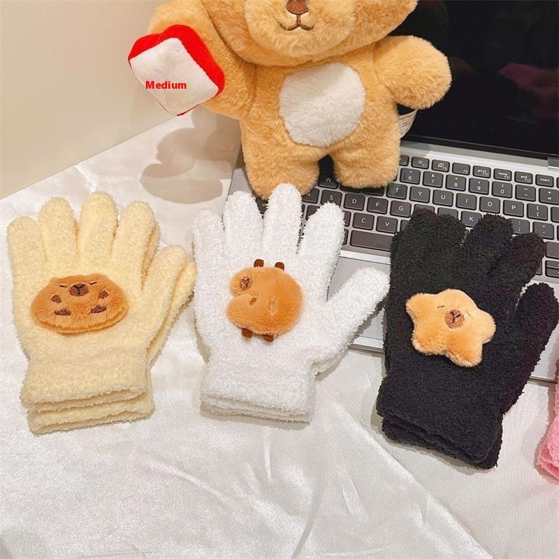 Cute Capybara Gloves Plush Coral Fleece Cold-Proof Gloves Five-Finger Gloves Student Winter Warmer Gloves Girly Christmas Gifts