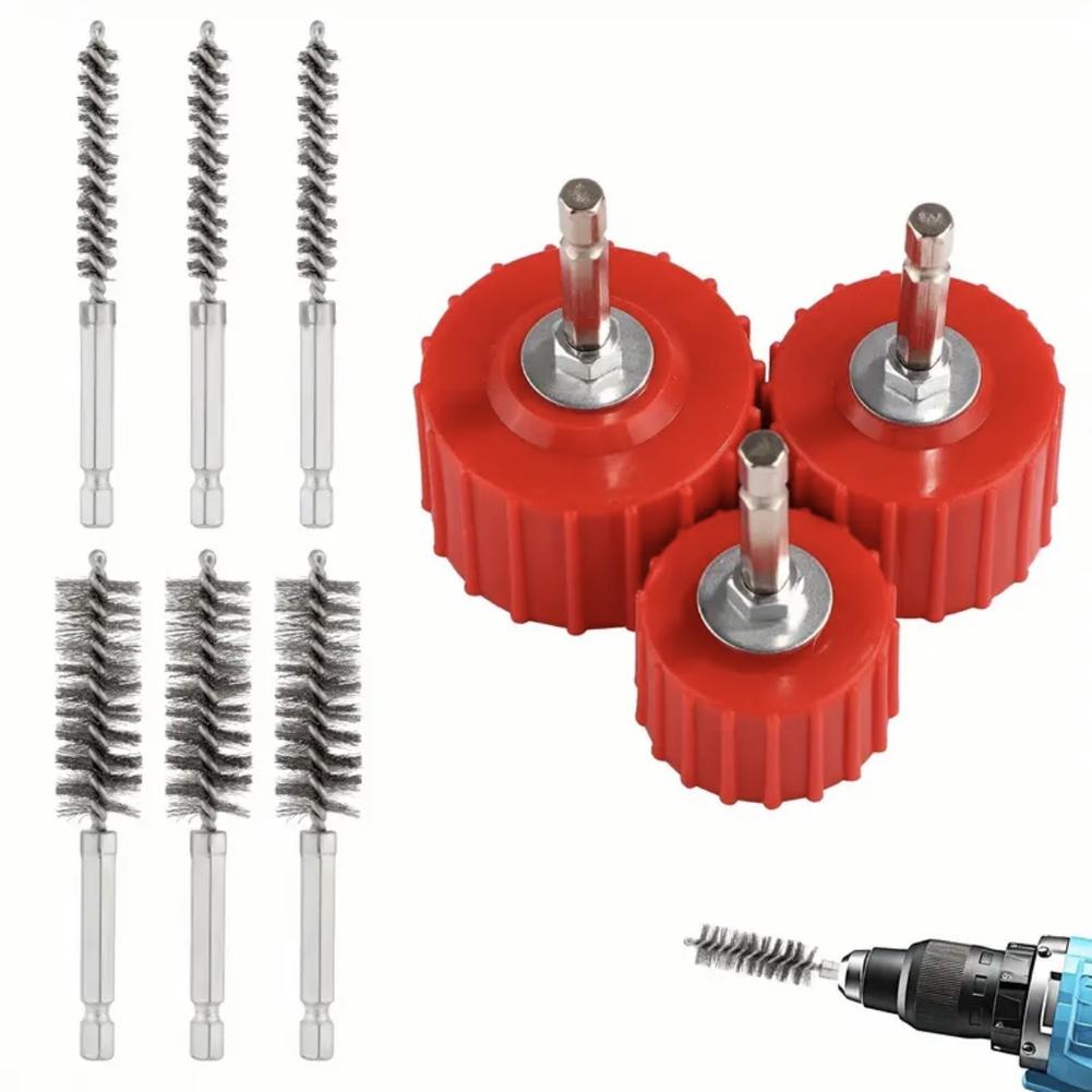 

9-Piece Pipe For Cleaning Tool Set for Copper Tubing Welded Pipes Battery Terminals with Rods for Workshop and Garage Use червоний