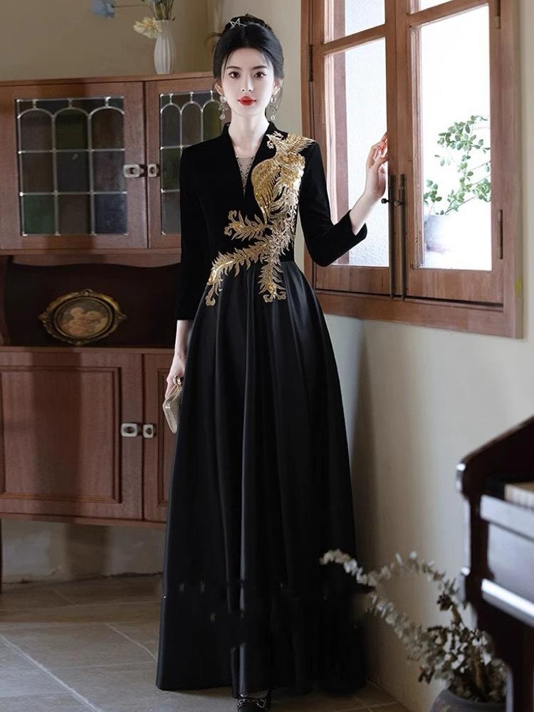 Evening dress female high-end sense black long-sleeved high-end atmosphere annual meeting host vocal art test choir performance suit