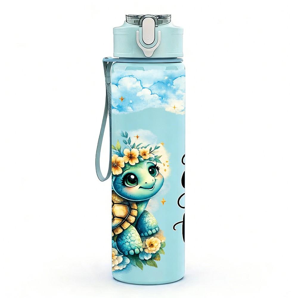 1PC Cute Turtle Ocean Cartoon Art Print 750ml Color Plastic Sports Water Bottle Leakproof Flip Straw Lid Suitable for Sports Office Home Use