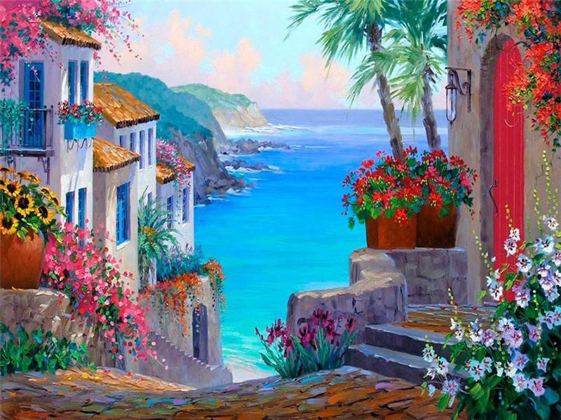 

Комплект алмазной живописи Дом Приморский Алмазная вышивка Распродажа Пейзаж Цветок Фотографии Стразы Мозаика Домашний декор Full Round 20x25CM