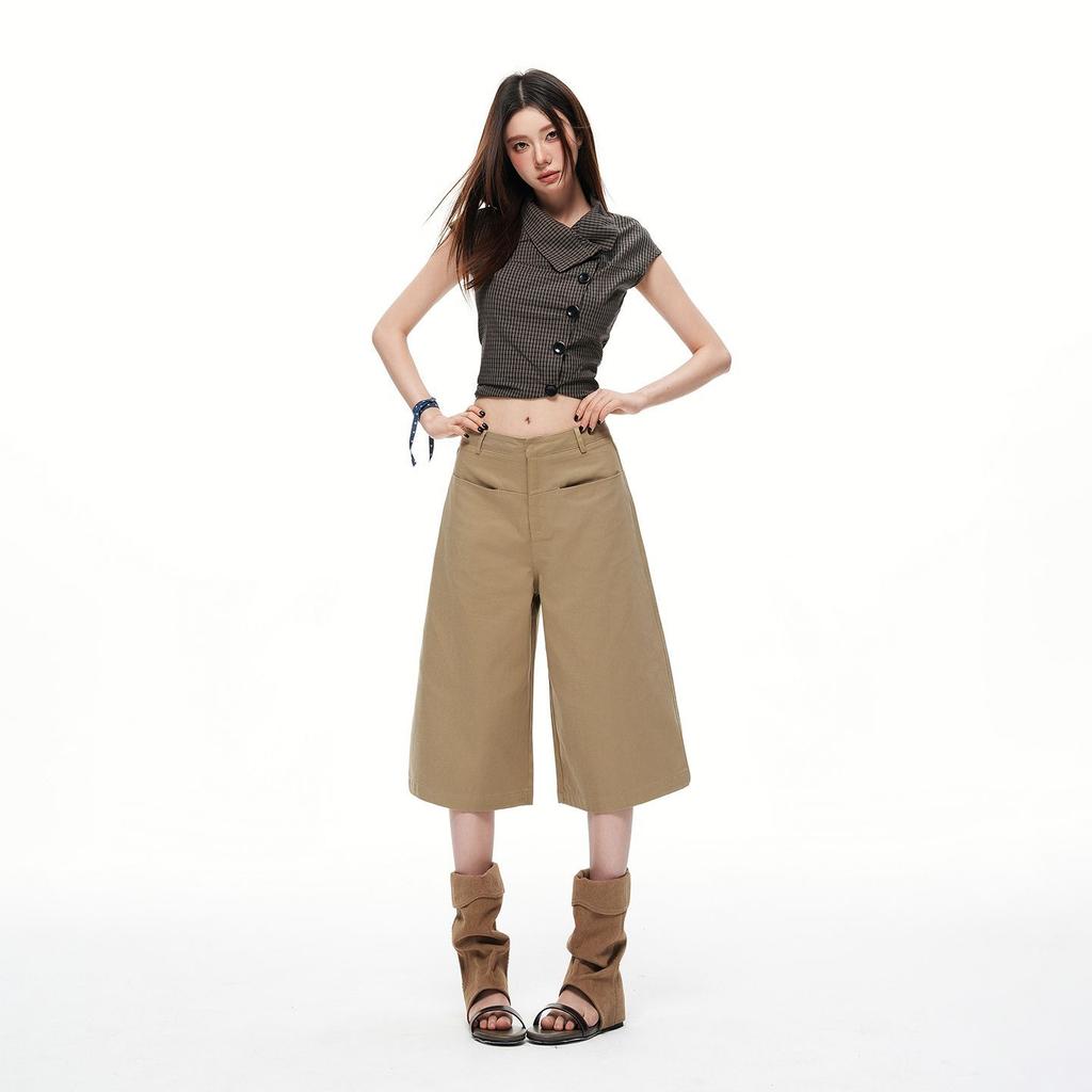 Trendy Summer Vintage Khaki Draped Loose Casual Cropped Capri Pants For Women Versatile Loose Straight Slimming Daily Bottoms