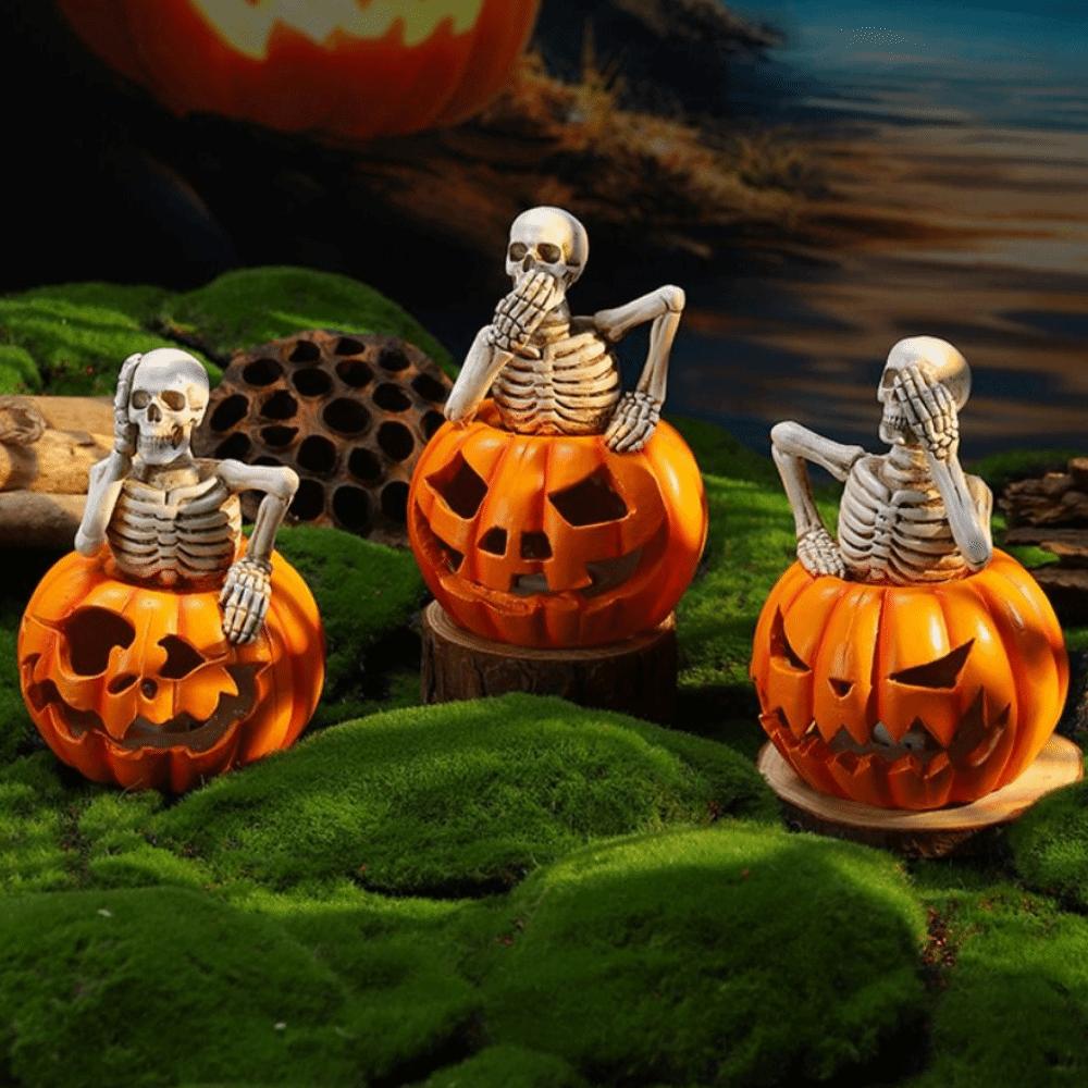 Glowing Design Halloween Skeleton Figurine Resin Craft LED Pumpkin Skull Light  Outdoor Yard