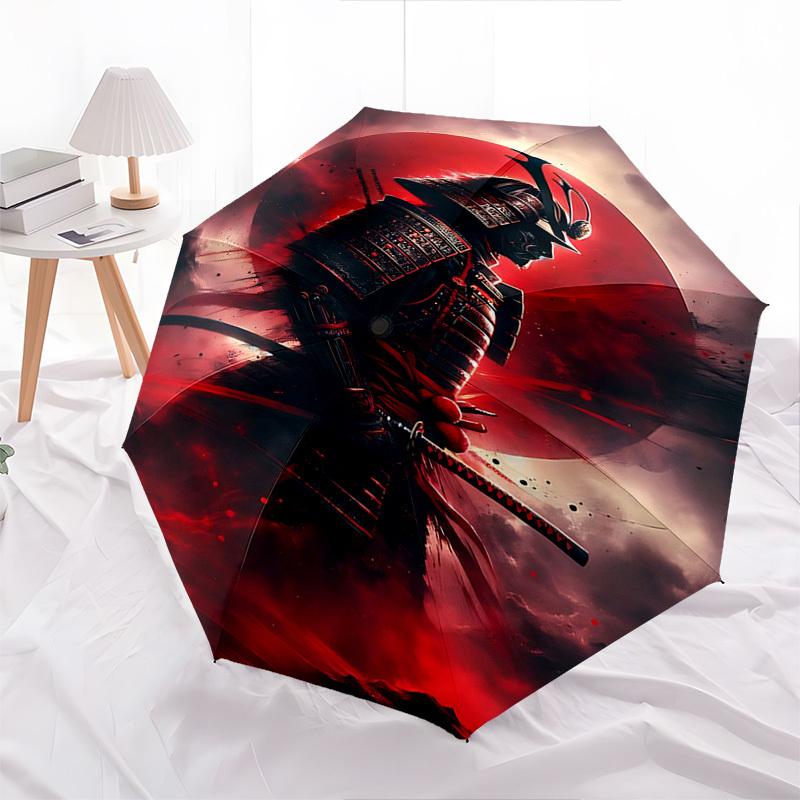 Samurai, RedMoon Themed Automatic Opening and Closing Umbrella, Brightly Colored 8-rib Portable Umbrella, Suitable for Men and Women, A Perf