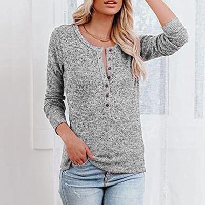Women's Casual Long-sleeved Crew-neck Pullover Sweater Top With Buttons On Front