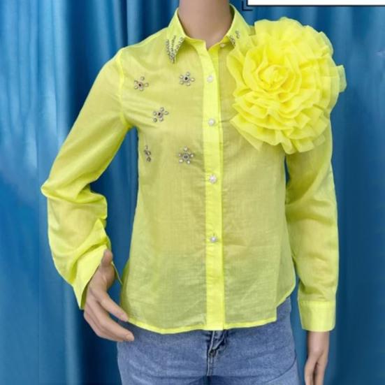 Women Shirt Lapel Long Sleeve Single Breasted Shirt Three-Dimensional Tops Solid Color Rhinestones Flowers Decor Shirt