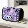 1pc Portable Flip-Top Halloween Themed Pencil Case with Double-Layer Zipper, Gothic Floral Skulls Purple Design, Large Capacity Thickened Oxford Multi