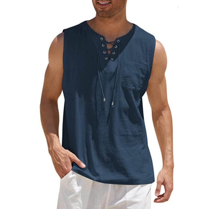 Gilet ampio da uomo Canotta Canotta con lacci Scollo a V senza maniche Pullover in lino di cotone Casual Streetwear