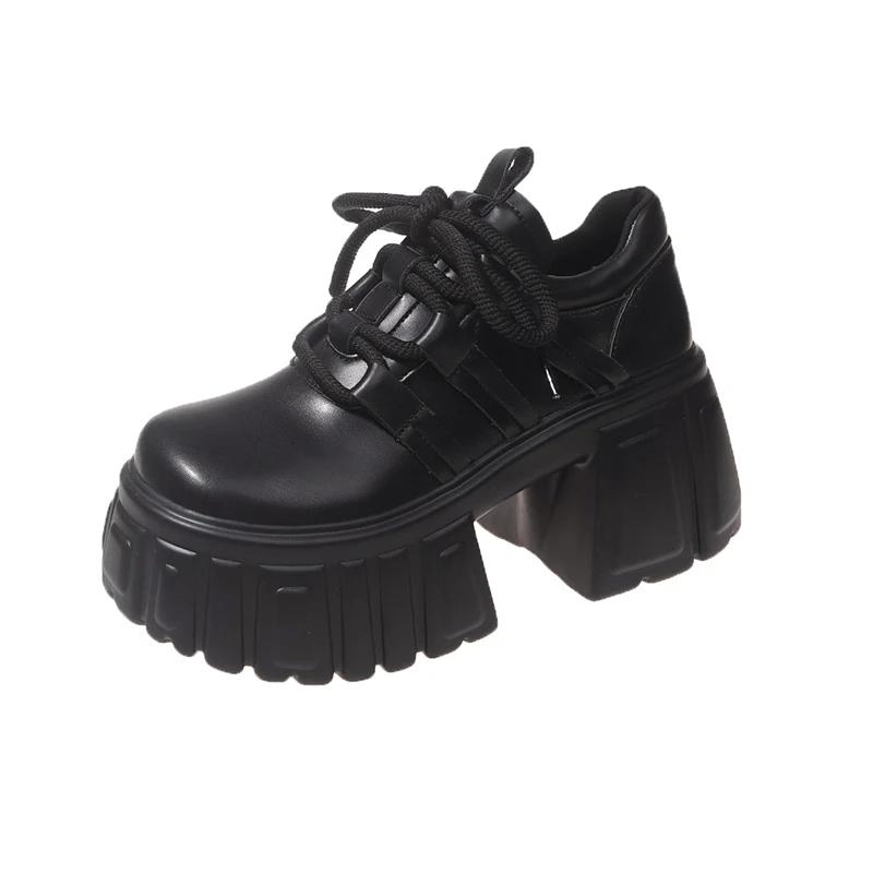 Fashion 8CM Women Mary Jane New Lace Up Loafers Platform Wedge Sneakers Chunky Shoes Women Black Shoes Spring Autumn Walking Sneakers