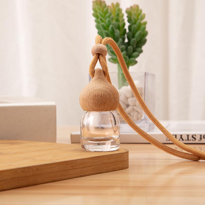 8ML Perfume Glass Bottle With Wooden Caps Refillable Car Essential Oil Diffuser Bottle Empty Car Air Freshener Pendant