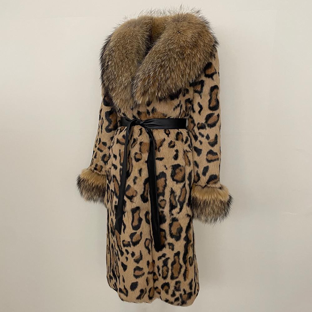 OFTBUY 2024 Winter Real Rabbit Fur Leopard Print Women Coat  Long Raccoon Fur Collar Coat Fur One-piece Thickened Warm Overcoats