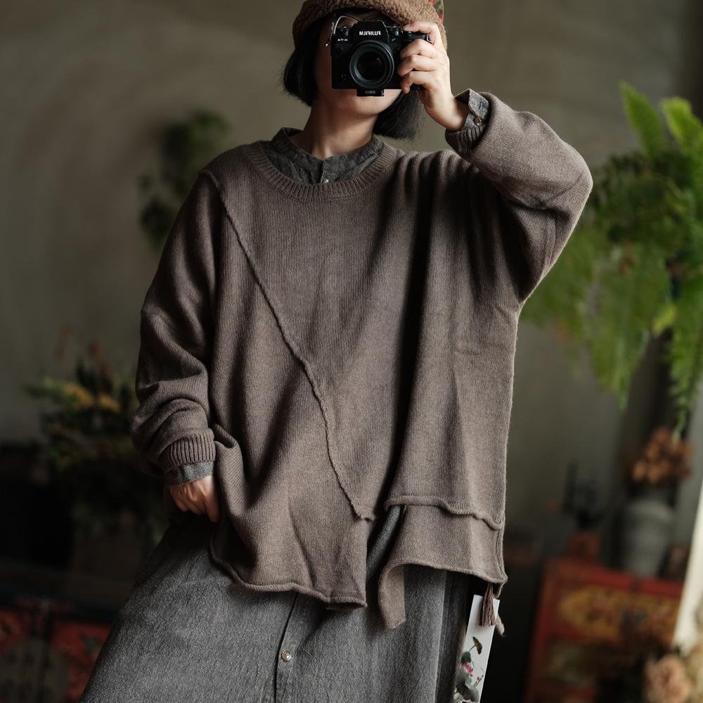 Johnature Women Vintage Pullover Sweaters Solid Color Irregular Patchwork O-Neck Long Sleeve Knitted Autumn Winter Sweaters
