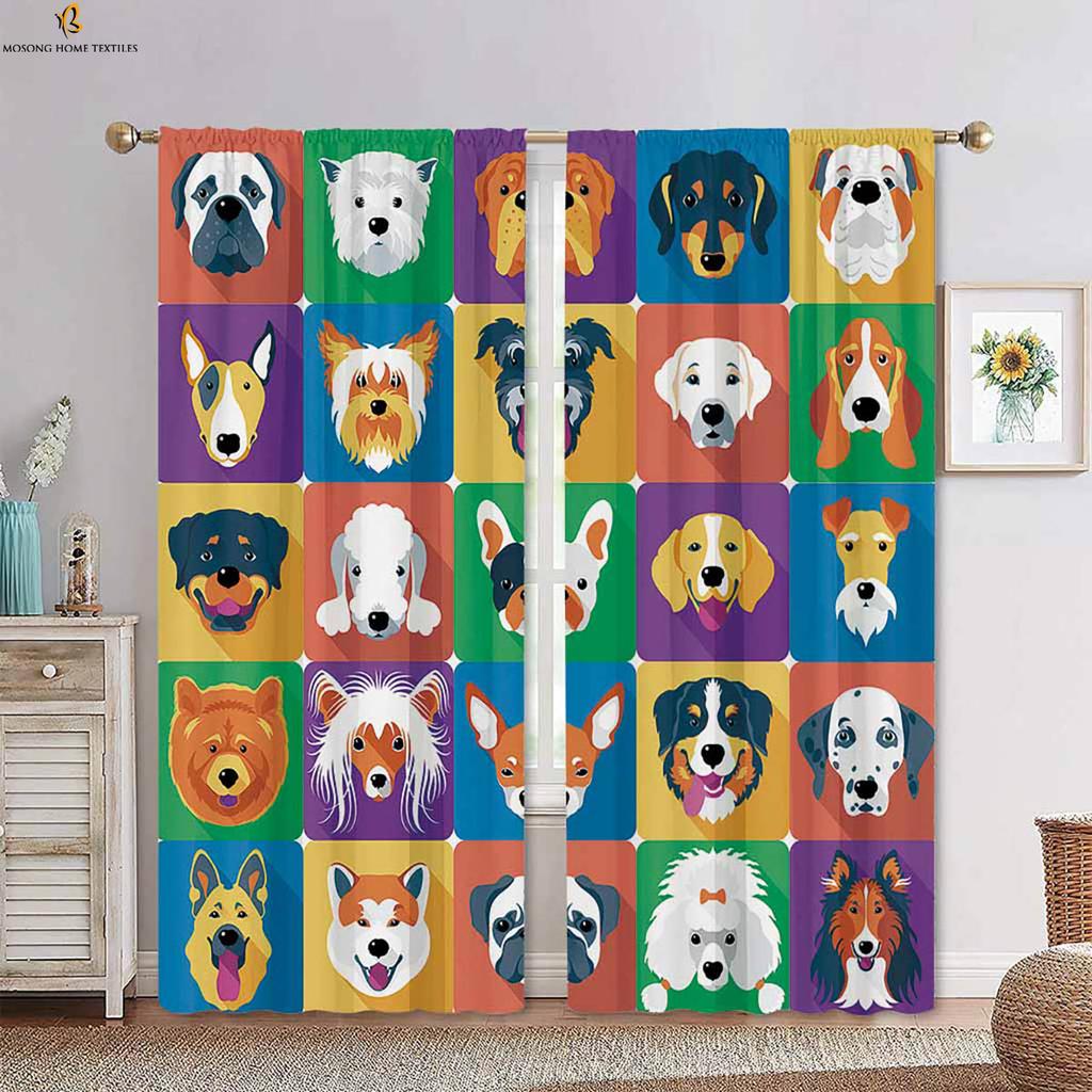 Cartoon Animal Dog Stereo Printing Curtain Bedroom Living Room Dining Kids Decorative Curtains Set Of 2 Made Polyester With Rod Pocket Sitting Decor