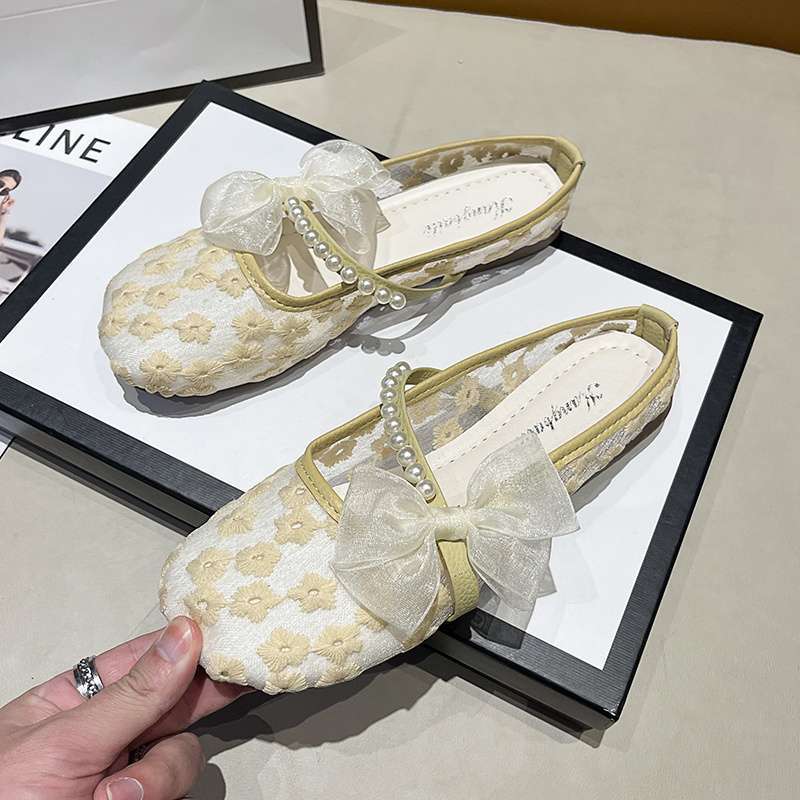 Bow bag head slippers women's outer wear 2025 summer thin mesh breathable one pedal flat lazy maternity shoes