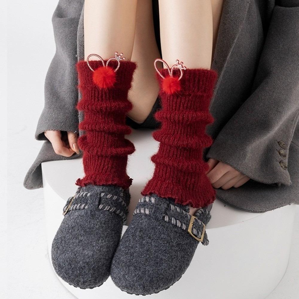 New Red Color Leg Warmers Thickened Bow Middle Tube Socks Harajuku Knitted Hosiery Autumn and Winter