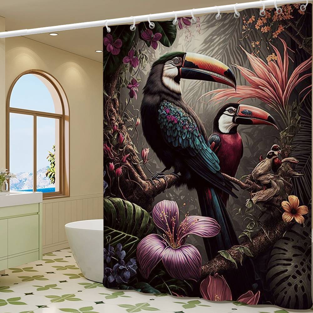 Vintage Birds In Jungle Flowers Canvas Painting Simple Bathroom Shower Curtain Partition Dry Can Be Scrubable Light Opaque Bath