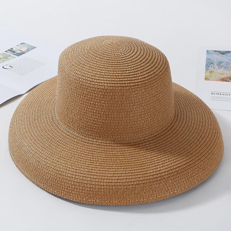 

HT2303 2023 New Summer Sun Hats Ladies Solid Plain Elegant Wide Brim Hat Female Round Top Panama Floppy Straw Beach Hat Women кавовий