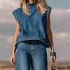 Summer 2 Piece Denim Set for Women Cap Sleeve Mock Neck Top And Wide Leg Pants Set Casual Loose Loungewear Outfit
