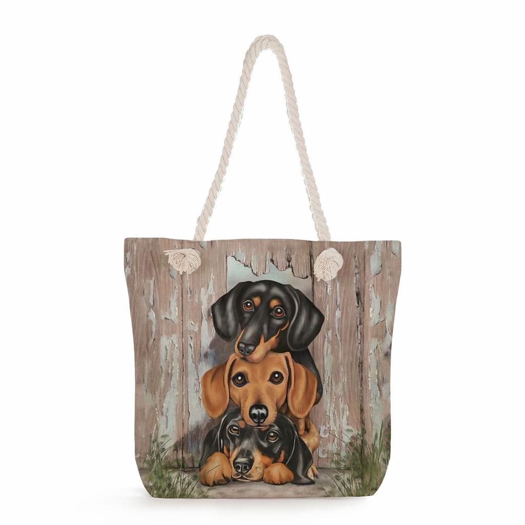 Sausage dog print thick rope single-shoulder beach bag 7274 CLE