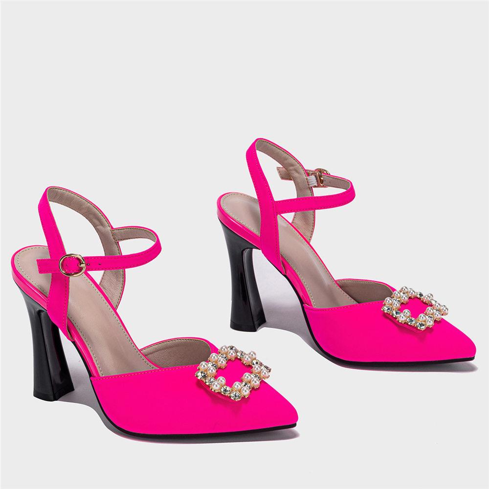 Women 'S Summer Pointed Toe Rosyred Pearls Decoration Plus Size Shoes Ankle Strap High Heels Elegant Great Quality Pumps