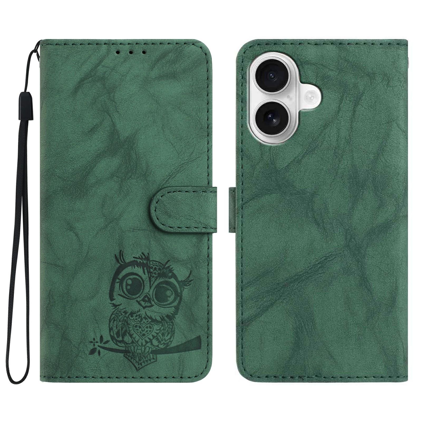 

For iPhone 16 Case Owl Imprinted PU Leather Wallet Phone Cover with Wrist Strap Green