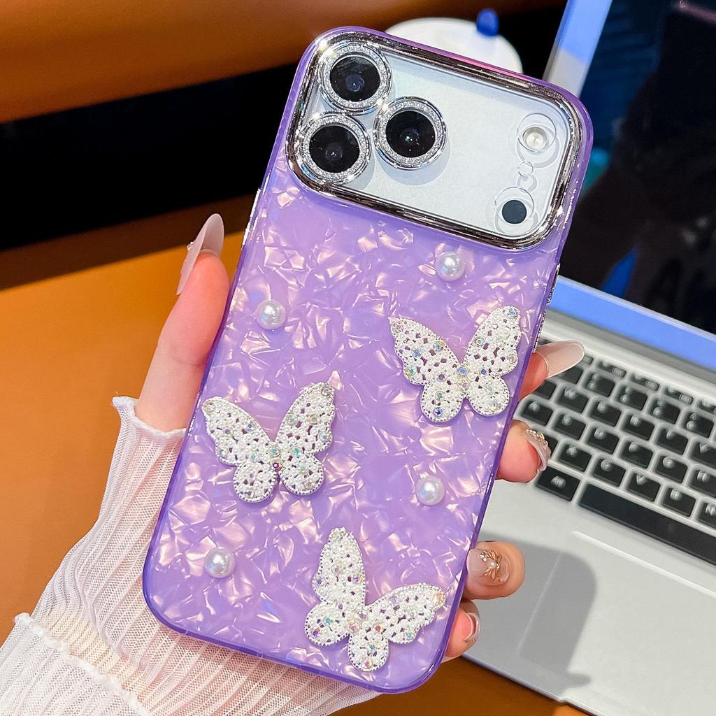Compatible with Apple 17 Pro Max: Pearl Butterfly Drop-proof Shell Pattern iPhone 16 Double-sided Film IMD Case