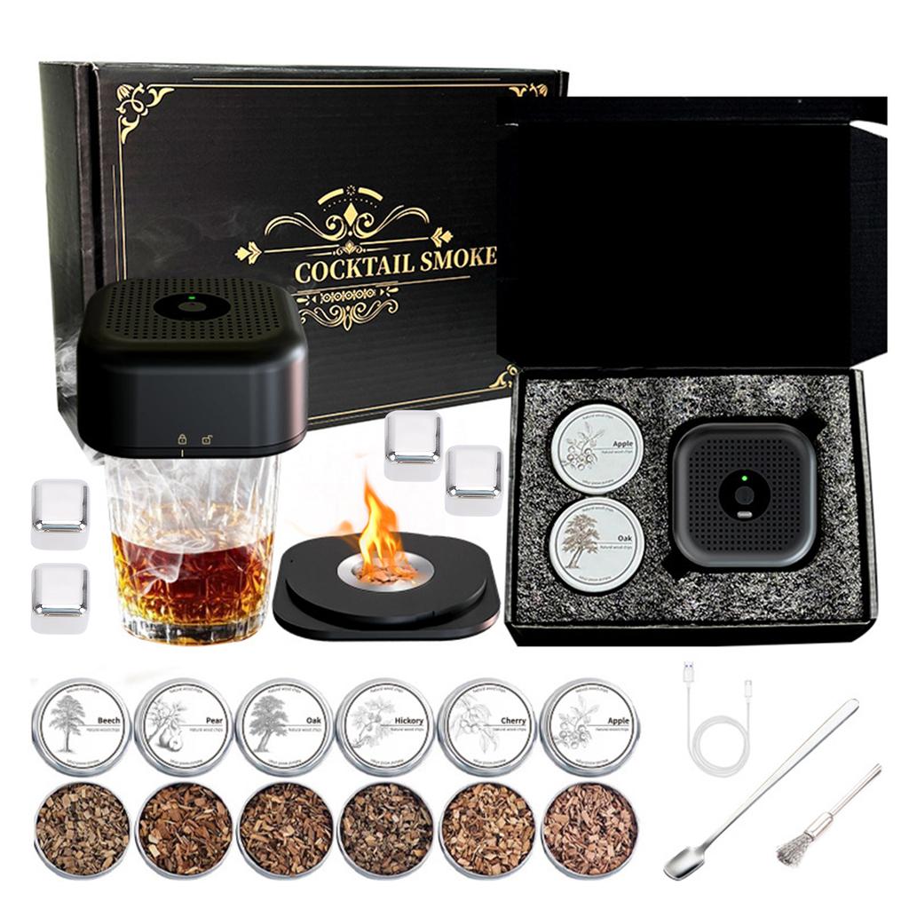 Electric Whiskey Smoker Kit Rechargeable Cocktail Smoking Machine Set with 6 Wood Chips &4 Whiskey Stones for Men