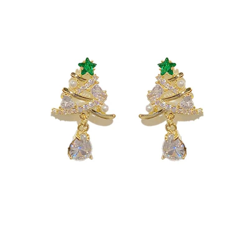 Huitan Red/Green Christmas Tree Design Women's Dangle Earrings Gold Color Gorgeous Female Earrings for Christmas Party Zircon