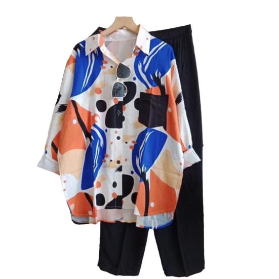Set di pantaloni camicia da 2 pezzi / set Set di pantaloni colorblock monopetto risvolto manica lunga vita elastica allentata gamba larga set di pantaloni camicetta casual morbida da donna