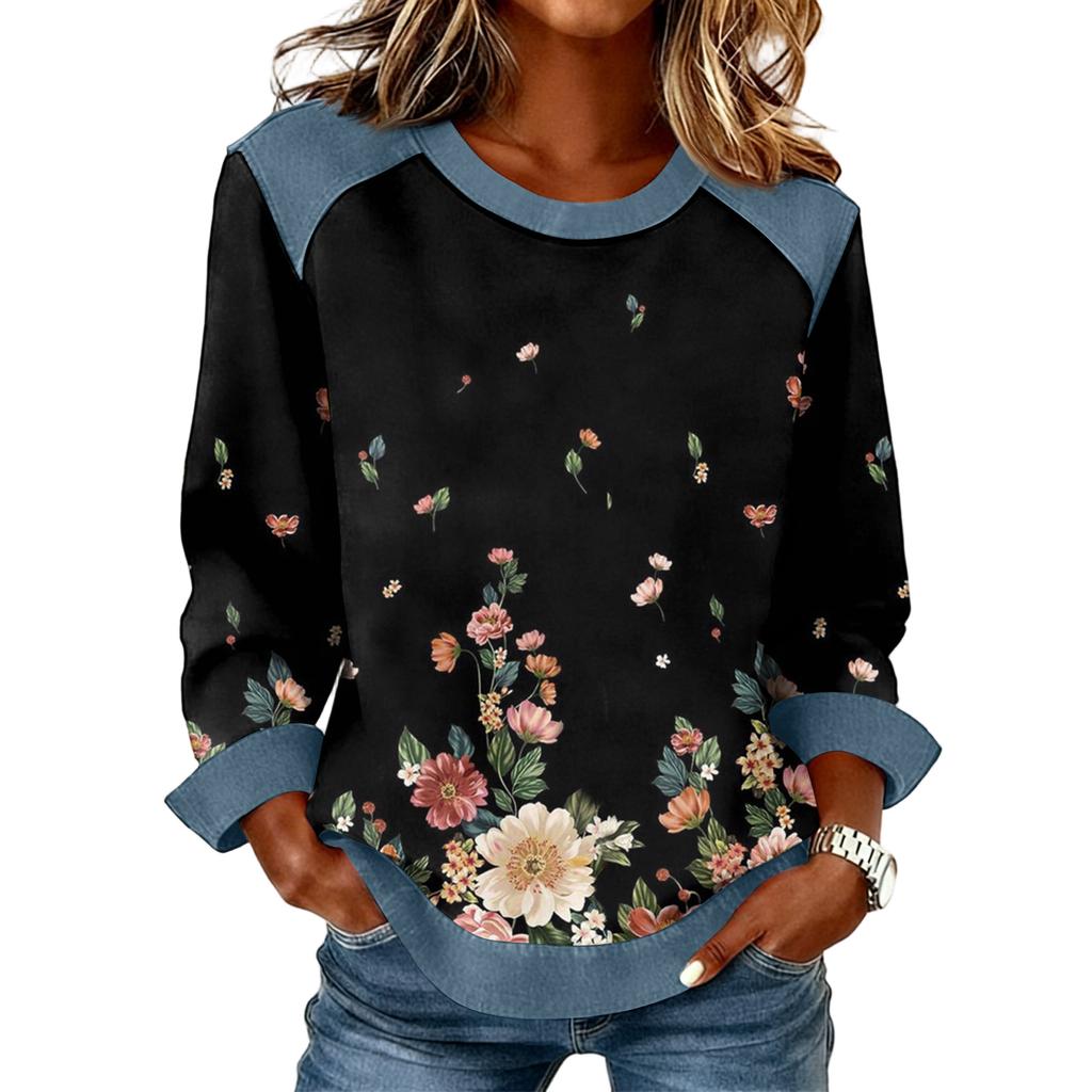 Dames sweatshirt met denim kraag en patchworkstiksels, casual trui met lange mouwen.