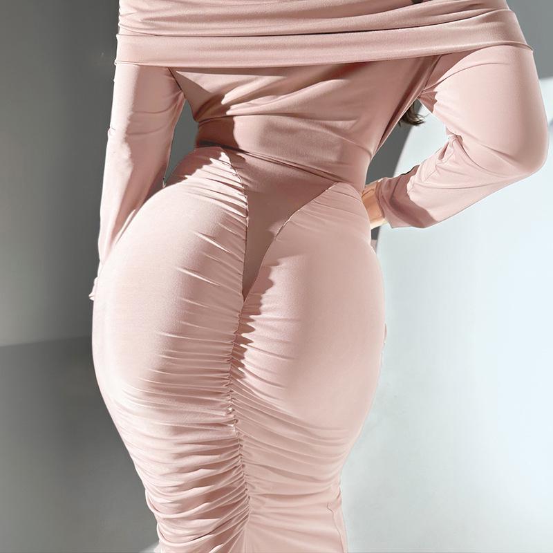 Elegant Ruched Patchwork One-Shoulder Maxi Dress - Winter Edition
