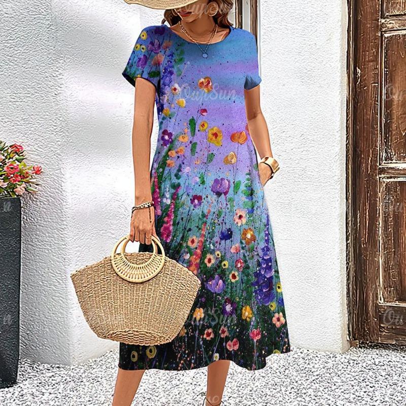 Women's Dresses Elegant Floral Printed Summer Vacation Midi Dresses Feamle Short Sleeve Dress Fashion Oversized Clothes