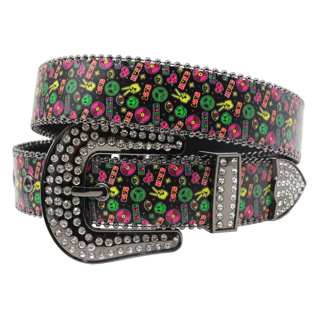 Rhinestone Belt Printed Fluorescent Hand-painted Graffiti Disco Fashion Hip Hop Korean Style Trendy Personalized Women's Belt