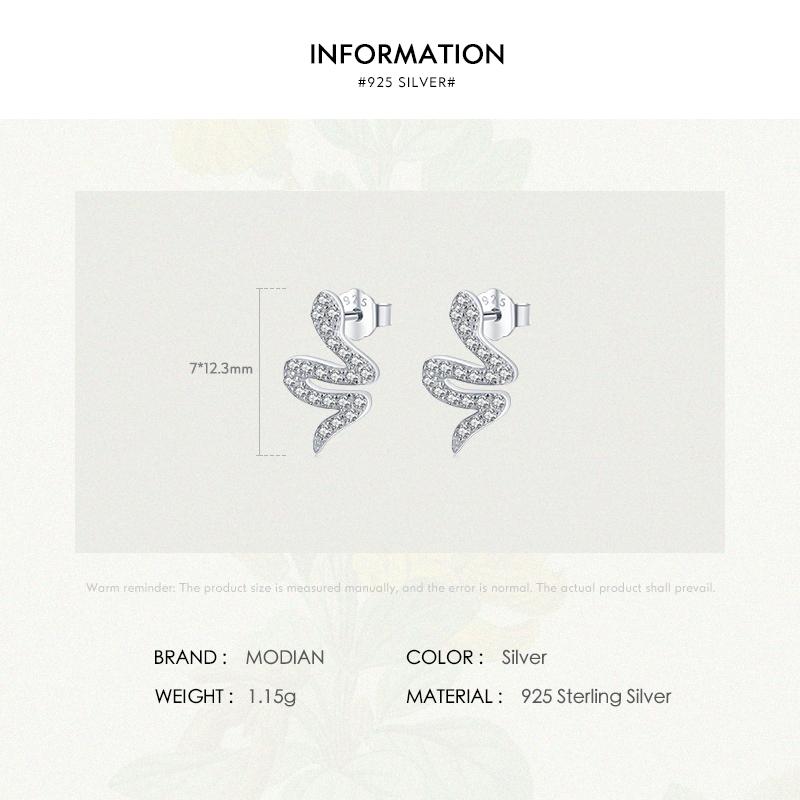MODIAN 925 Sterling Silver Shining Cubic Zirconia Snake Stud Earrings For Women Animal Earrings Trendy Women Jewelry