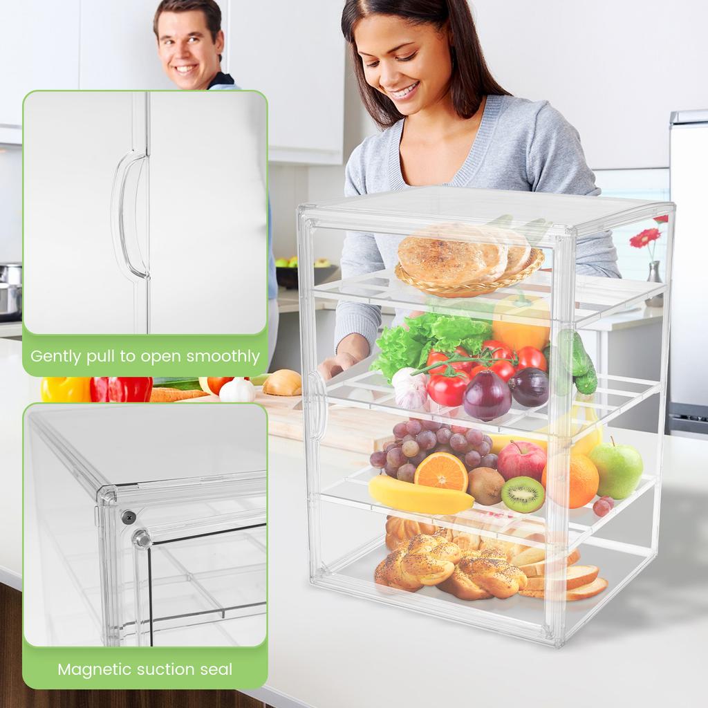 4 Tier Transparent Acrylic Bread Display Case Adjustable Detachable Bakery Cabinet for Different Size of Baked Goods