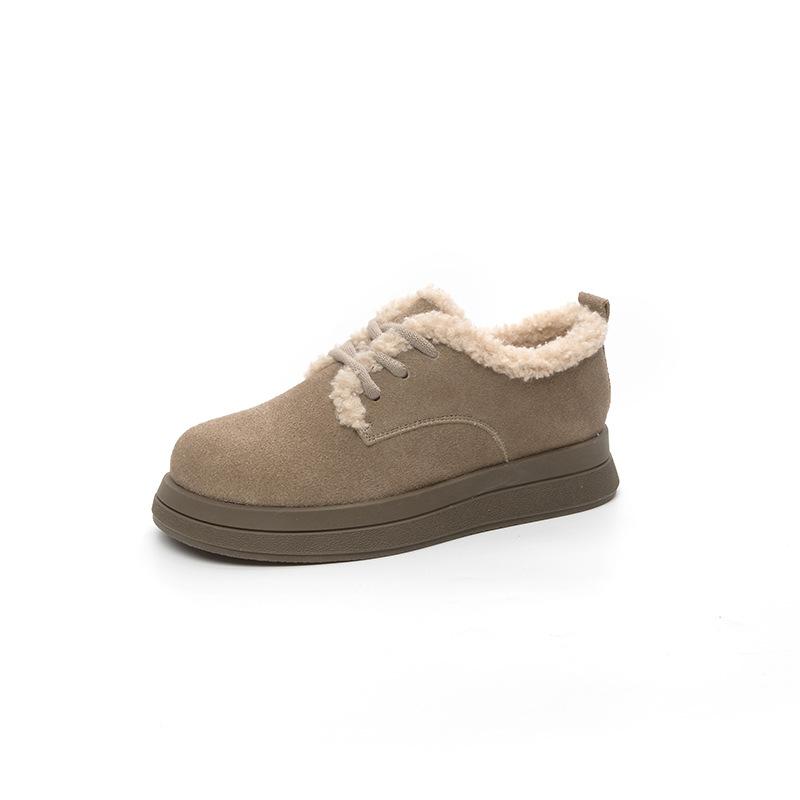Buckle Women's Autumn and Winter Fur Integrated Cotton Shoes Thick Sole Heightening Round Head Retro Matte