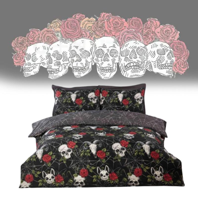 Halloween Totenkopf und Rose Wendbare Bettbezug-Set Mit Cartoon-Muster Für Schlafzimmer-Dekoration