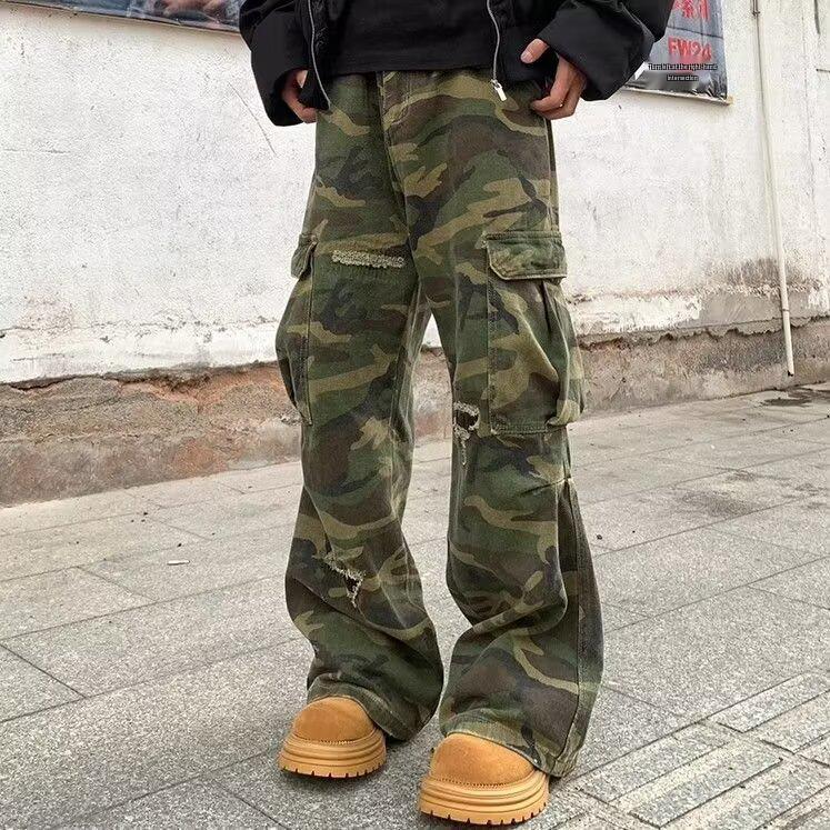 

2025 Unisex Camouflage Distressed Micro-Flare Jeans with Multiple Pockets XL