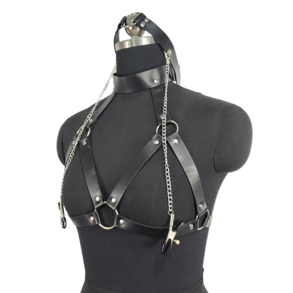 Leather Gag & Nipple Clamps Chain - Women's Erotic Restraint Clothing & Props