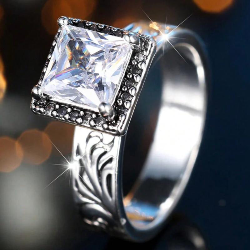 White Square Stone Vintage Flower Pattern Rings For Women CopperColor Wedding Band Engagement Jewelry Bridal Gift