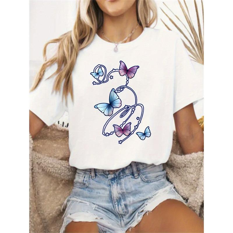 Women's Butterfly Print Round Neck T-Shirt - All-Season Comfort Stretchy Casual Top with Artistic Line Design,