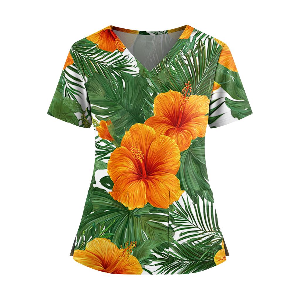 Women's Hawaiian Print V-Neck Double Pocket Short Sleeve Uniform/ Top