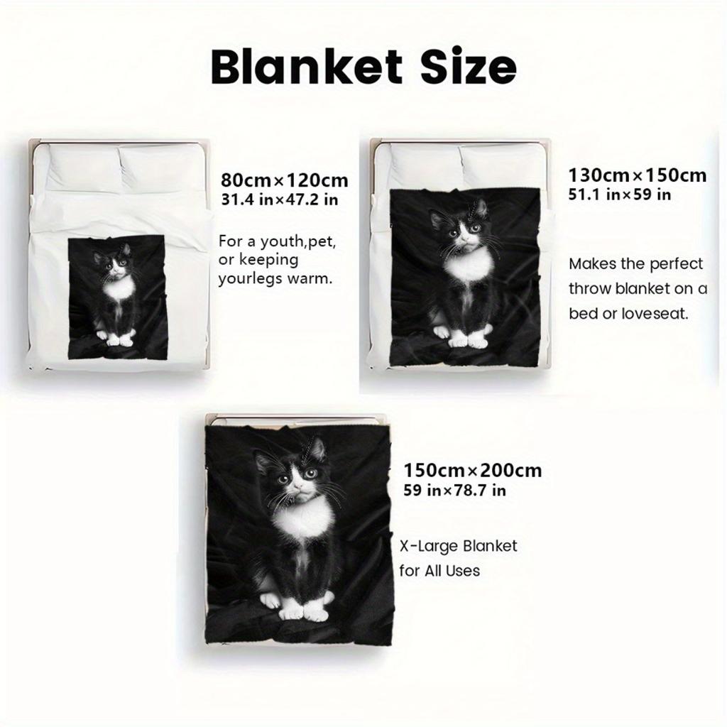 Custom Black White Cat Blanket Cute Kitten Portrait Personalized Name Fleece Throw All Season Soft Warm Bedding Home Decor Gift