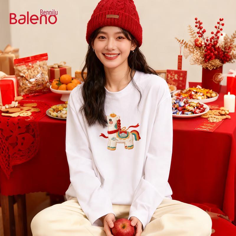 T-shirt à manches longues en pur coton pour femme Baleno avec imprimé cheval